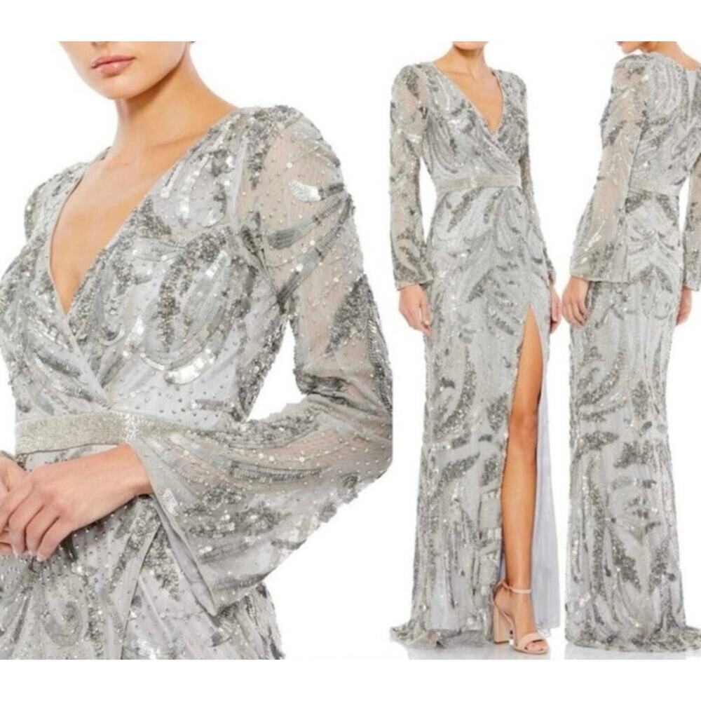 MAC DUGGAL 5222 Gray Sequined Faux Wrap Split Gown Size 14 New w/ Tag MSRP $498